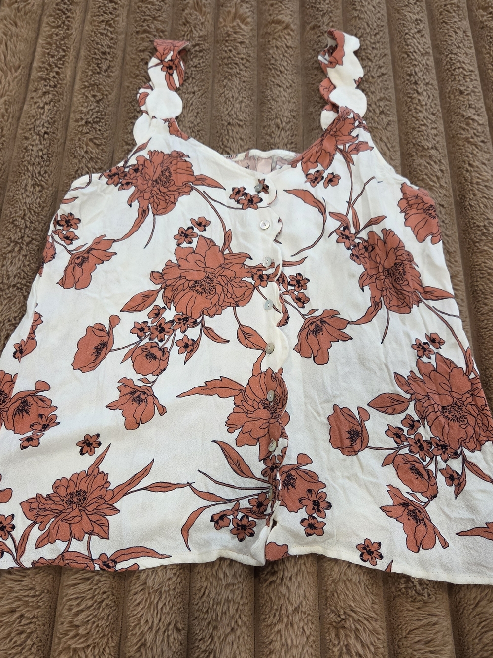 Willow + Root Cream Red Orange Floral Tank Top Scalloped Straps Women's Small